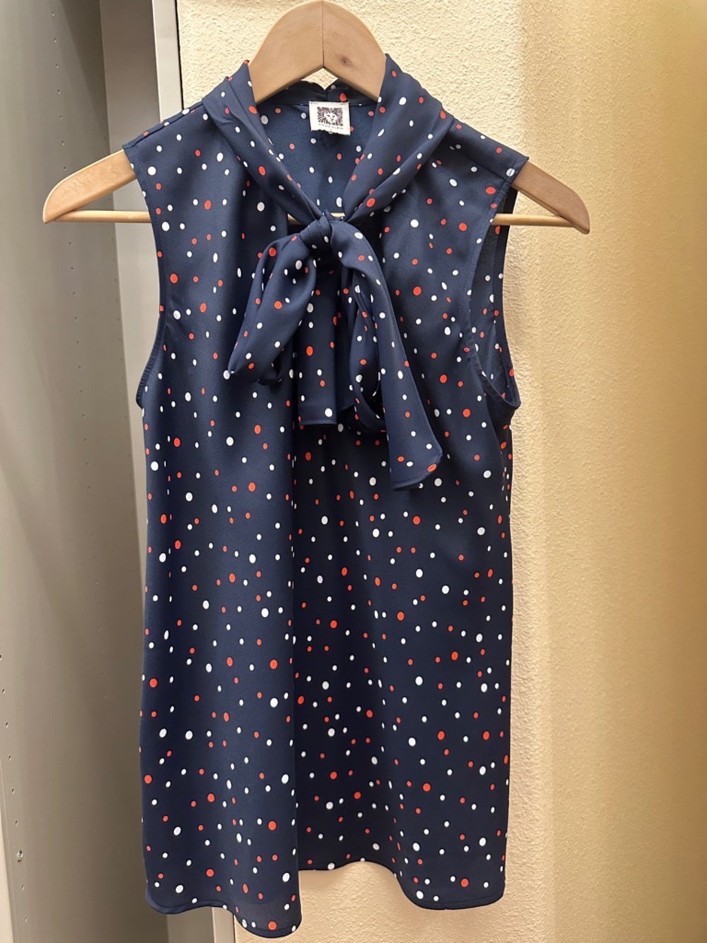 Anne Klein Navy Sleeveless Tie-Neck Polka Dot Top